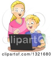 Clipart Of A Happy Blond White Mother Teaching Her Son How To Use A Laptop Computer Royalty Free Vector Illustration