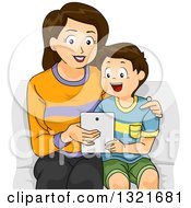 Poster, Art Print Of Happy Brunette White Mother Sitting And Teaching Her Son How To Use A Tablet Computer