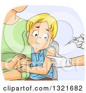 Poster, Art Print Of Nervous Blond White Boy Clinging To His Mother While Getting A Vaccine Shot