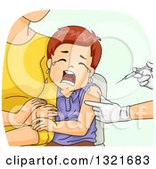 Clipart Of A Scared Brunette White Boy Clinging To His Mother While Getting A Vaccine Shot Royalty Free Vector Illustration