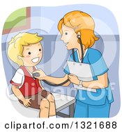 Poster, Art Print Of Friendly White Female Doctor Giving A Happy Boy A Medical Check Up