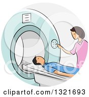 Clipart Of A Brunette White Female Doctor Pushing A Button On An MRI Machine As A Patient Goes In Royalty Free Vector Illustration by BNP Design Studio