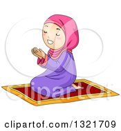 Muslim Girl Kneeling And Praying On A Carpet