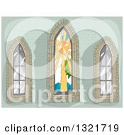 Green Stone Wall With Stained Glass And Clear Lancet Windows