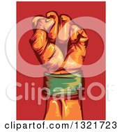 Poster, Art Print Of Clenched Fist Wearing A Green Wrist Band Over Red