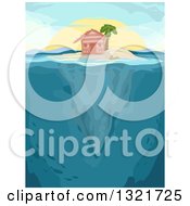 Hut And Palm Tree On An Island With Underwater Views At Sunset