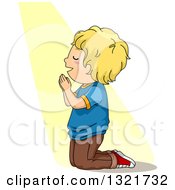 Poster, Art Print Of Blond White Boy Kneeling And Praying In A Beam Of Light