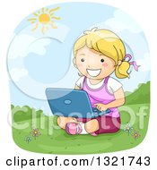 Poster, Art Print Of Happy Blond White Girl Sitting In Grass And Using A Laptop