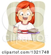 Clipart Of A Happy Red Haired White Girl Holding Tiramisu On A Plate Royalty Free Vector Illustration