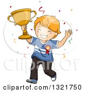 Poster, Art Print Of Happy Red Haired White Boy Cheering And Holding Up A Trophy