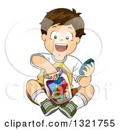 Poster, Art Print Of Happy Brunette White Boy Putting Items In A Time Capsule Jar