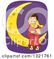 Happy Brunette White Boy Hugging A Star Pillow On A Crescent Moon