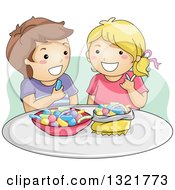 Poster, Art Print Of Happy Brunette White Boy And Blond Girl Eating Gummy Candy