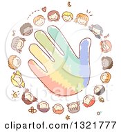 Clipart Of A Sketched Circle Of Happy Kid Faces Around A Colorful Hand Royalty Free Vector Illustration