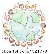 Poster, Art Print Of Sketched Circle Of Happy Kid Faces Around Planet Earth
