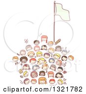 Poster, Art Print Of Sketched School House Made Of Happy Kid Faces With A Flag Pole