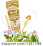 Poster, Art Print Of Tiki Statue And Torches Over Hibiscus Flowers