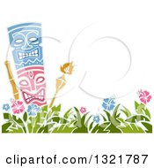 Tiki Statue And Torches Over Hibiscus Flowers With Text Space