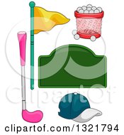 Poster, Art Print Of Blank Green Sign Basket Of Golf Balls Flags Club And Hat