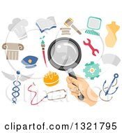 Poster, Art Print Of Hand Holding A Magnifying Glass Over Academic Icons
