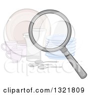 Clipart Of A Magnifying Glass Inspecting Clean Dishes Royalty Free Vector Illustration