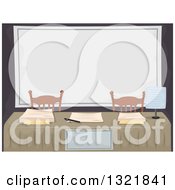 Clipart Of A Recruitement Table With Chairs And A Blank Sign Royalty Free Vector Illustration