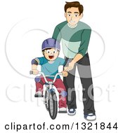 Poster, Art Print Of Brunette White Male Father Teaching His Son How To Ride A Bike