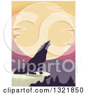 Black Silhouetted Howling Wolf Against A Sunset On A Cliff