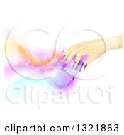 Clipart Of A Manicured Female Hand Holding Nail Polish Over Magical Lights On White Royalty Free Vector Illustration