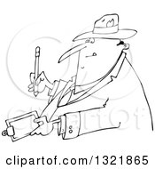 Lineart Clipart Of A Cartoon Black And White Chubby Man Writing On A Clipboard Royalty Free Outline Vector Illustration