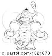 Cartoon Black And White Caveman Holding Up A Club And Riding A Woolly Mammoth