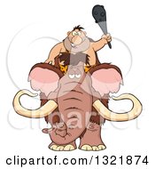 Cartoon Caveman Holding Up A Club And Riding A Woolly Mammoth