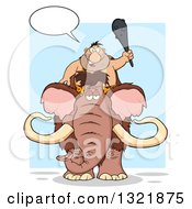 Clipart Of A Cartoon Caveman Talking Holding Up A Club And Riding A Woolly Mammoth Over A Blue Square Royalty Free Vector Illustration by Hit Toon