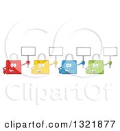 Clipart Of Cartoon Colorful Shopping Bag Characters Holding Up Blank Signs Royalty Free Vector Illustration by Hit Toon