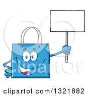 Poster, Art Print Of Cartoon Blue Shopping Bag Character Holding Up A Blank Sign