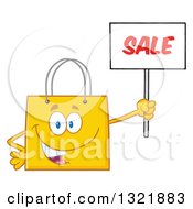 Poster, Art Print Of Cartoon Yellow Shopping Bag Character Holding Up A Sale Sign