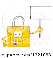 Clipart Of A Cartoon Yellow Shopping Bag Character Holding Up A Blank Sign Royalty Free Vector Illustration