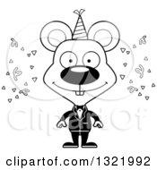 Lineart Clipart Of A Cartoon Black And White Happy Party Mouse Royalty Free Outline Vector Illustration