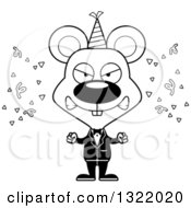 Lineart Clipart Of A Cartoon Black And White Mad Party Mouse Royalty Free Outline Vector Illustration