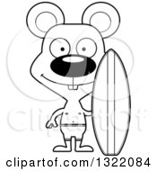 Lineart Clipart Of A Cartoon Black And White Happy Mouse Surfer Royalty Free Outline Vector Illustration