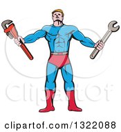 Clipart Of A Cartoon Muscular Male Super Hero Holding Spanner And Monkey Wrenches Royalty Free Vector Illustration
