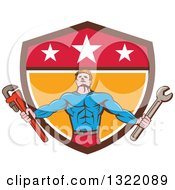 Clipart Of A Retro Cartoon Muscular Male Super Hero Holding Spanner And Monkey Wrenches And Emerging From A Shield Royalty Free Vector Illustration