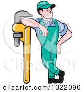Clipart Of A Cartoon White Male Plumber Leaning Against A Giant Monkey Wrench Royalty Free Vector Illustration