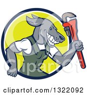 Poster, Art Print Of Cartoon Plumber Dog Holding Up A Monkey Wrench In A Blue White And Green Circle
