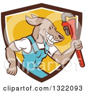Poster, Art Print Of Retro Cartoon Plumber Dog Holding Up A Monkey Wrench In A Brown White And Yellow Shield