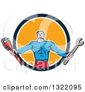Poster, Art Print Of Cartoon Muscular Male Super Hero Holding Spanner And Monkey Wrenches And Emerging From A Blue White And Yellow Circle