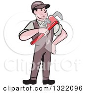 Poster, Art Print Of Retro Cartoon White Male Plumber Holding A Monkey Wrench