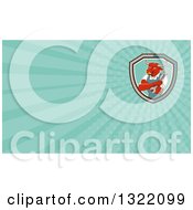 Clipart Of A Cartoon Bull Mechanic With Folded Arms Holding A Wrench And Turquoise Rays Background Or Business Card Design Royalty Free Illustration