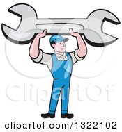 Poster, Art Print Of Cartoon White Male Mechanic Holding Up A Giant Spanner Wrench