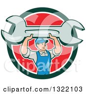 Poster, Art Print Of Cartoon White Male Mechanic Holding Up A Giant Spanner Wrench And Emerging From A Green White And Red Circle